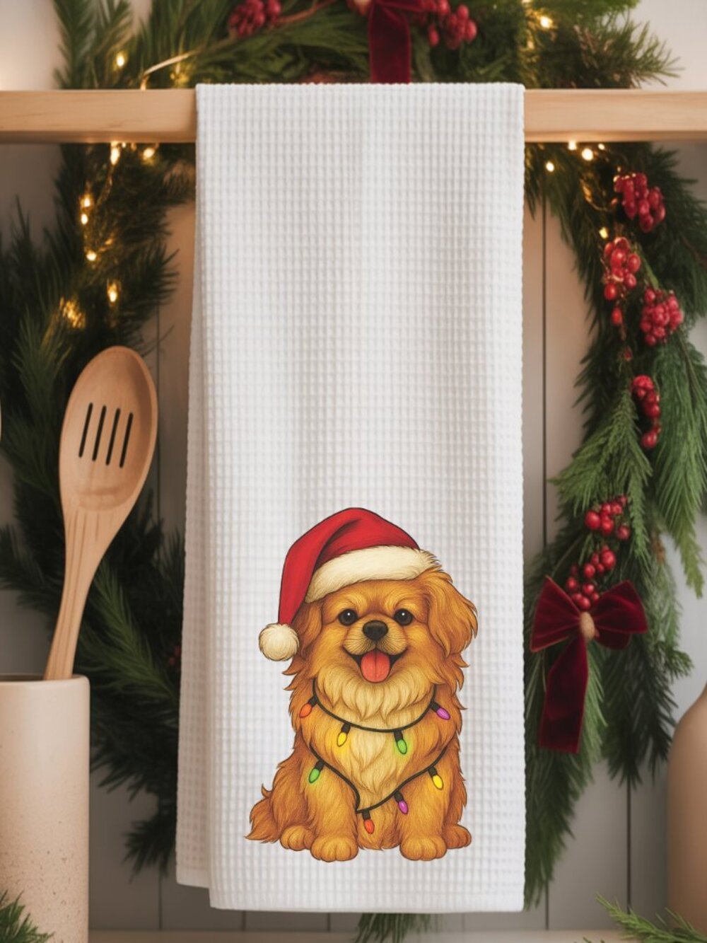 Tibetan Spaniel Christmas Lights Decorative Kitchen Tea Towel